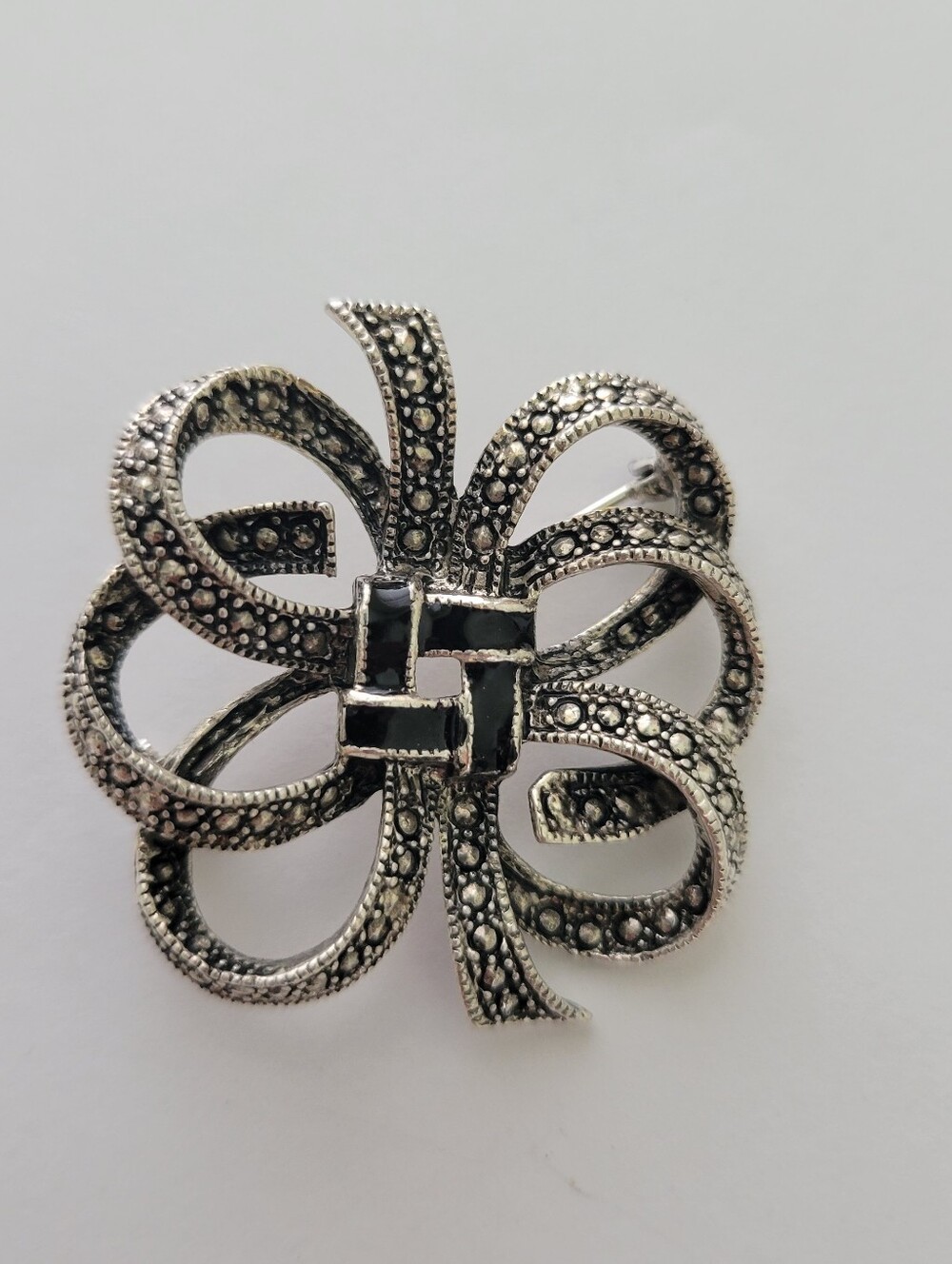 Vintage Art Deco Marcasite Enamel Ribbon Flower Bouquet Brooch Pin